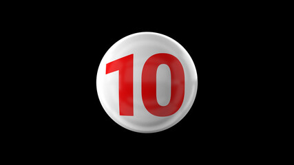 Number 10 on glossy white ball. 3d. 3D rendering. White ball on black background