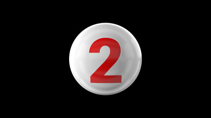 Number 2 on glossy white ball. 3d. 3D rendering. White ball on black background