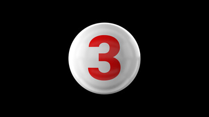 Number 3 on glossy white ball. 3d. 3D rendering. White ball on black background