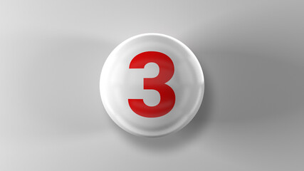 Number 3 on glossy white ball. 3d. 3D rendering. White ball on white background