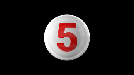 Number 5 on glossy white ball. 3d. 3D rendering. White ball on black background