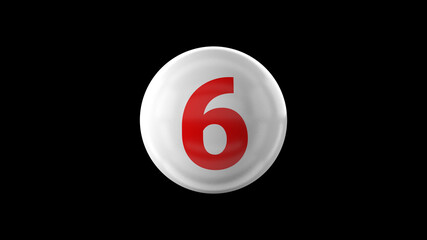 Number 6 on glossy white ball. 3d. 3D rendering. White ball on black background