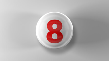 Number 8 on glossy white ball. 3d. 3D rendering. White ball on white background