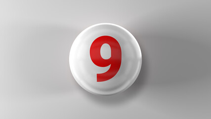 Number 9 on glossy white ball. 3d. 3D rendering. White ball on white background