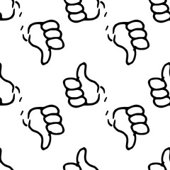 vector pattern of a cartoon hand with a raised finger.Seamless pattern of a hand-drawn black outline of a hand with a raised thumb and three clenched fingers, side view in different directions "ok" ge