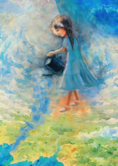 Obraz na płótnie Canvas Girl with watering can. Watercolor concept background