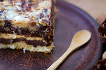 Piece of tasty chocolate-nut cake on a clay plate. Walnuts and pine cones stand nearby