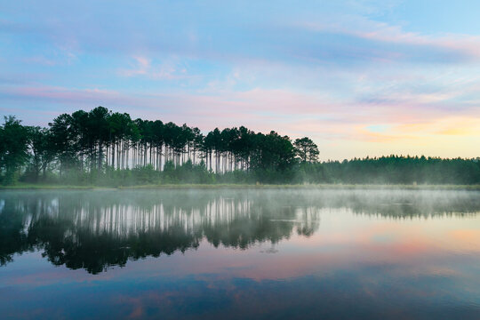 Foggy lake view with trees during sunset near Starkville, MS