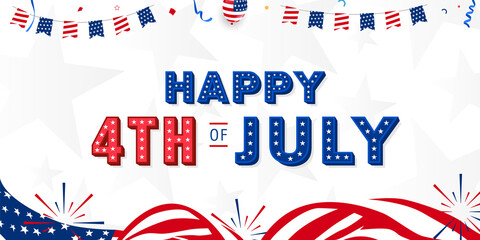 Happy 4th of July modern trendy design with 3d star lettering, typography design. on usa waving flag, firework background template for Brochures, Poster Banner. Vector illustration