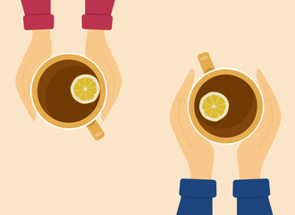 Male and female hands in sweaters hold cups of hot tea with lemon