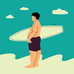 A fat man with a surfboard is on the beach. Chubby and happy surfer. Vector trending flat illustration. Sports plus size persons.
