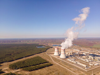 Aerial view of Industrial zone with power station atomic energy production. Nuclear power plant...