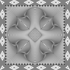 Lines 3d seamless pattern. Black and white surface ornamental background. Vector repeat modern backdrop. Line art ornaments with square tribal ethnic style frame. Geometric shapes, cross, rhombus