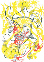 Yellow silhouettes of birds and plants, images of red octopuses, black creepers with drops. Girl sitting at the window, relax and meditation. Allegorical depiction of the fantasies and fears of human.