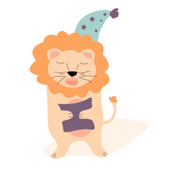 Hand drawn illustration of sleepy lion cub. Vector for nursery posters, childish prints, packages, games, etc