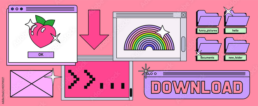 Aufkleber Retrowave style desktop with message boxes, terminal console window and user interface elements. Retro OS in vaporwave 80's vintage stylization.