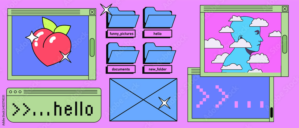 Poster Retrowave style desktop with message boxes, terminal console window and user interface elements. Retro OS in vaporwave 80's vintage stylization.