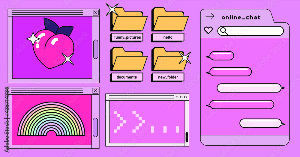 Poster Retrowave style desktop with message boxes, terminal console window and user interface elements. Retro OS in vaporwave 80's vintage stylization.