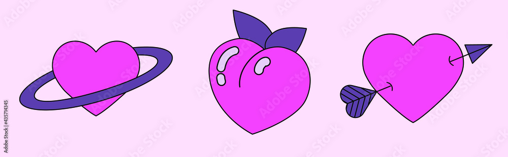 Poster set of heart emblems. designs for stickers and patches in retro 90's cartoon style.