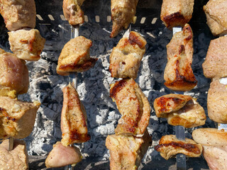 Tasty juicy pork barbecue cooking on metal skewers on charcoal outdoors grill with fire smoke
