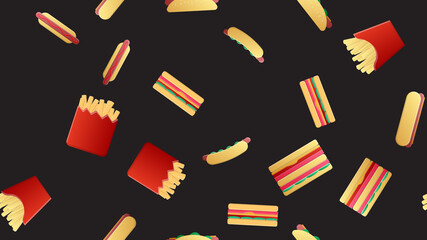 Seamless endless pattern of assorted delicious satisfying hot hot dogs, sandwiches, fast food fries on a black background. Texture
