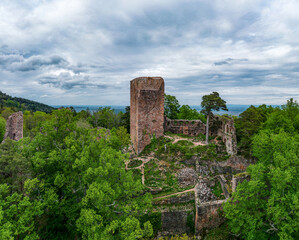 Fototapeta premium Medieval Castle Landsberg in Vosges, Alsace. Aerial view of the castle ruins, filmed from a drone.