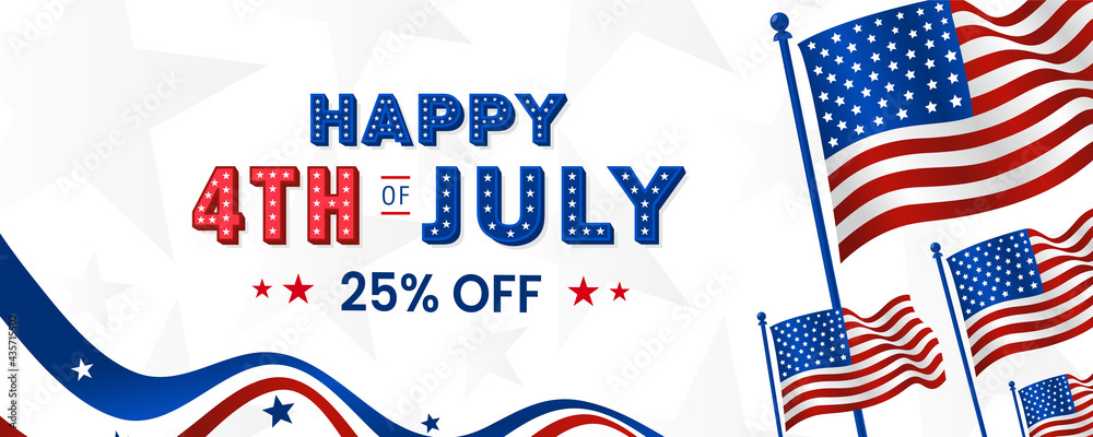 Wall mural happy 4th of july modern trendy design with sale, off, discount, offer, 3d star lettering, typograph