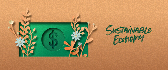Sustainable economy green nature paper cut banner - obrazy, fototapety, plakaty