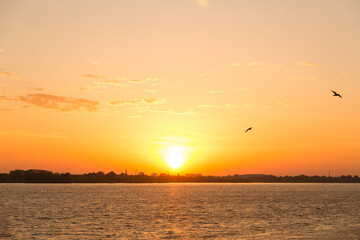 Sunset or sunrise on the river embankment at summer evening