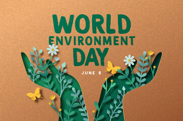 Environment Day green paper cut people hand card