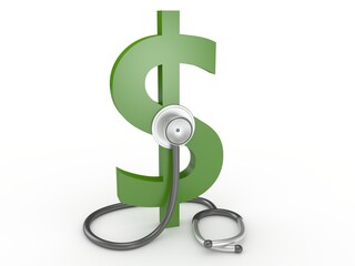 3d stethoscope and dollar sign. Rising currency