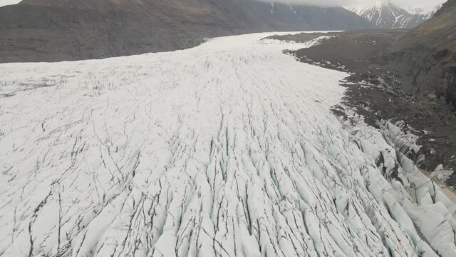 Svinafellsjokull glacier tongue, Iceland. Aerial forward