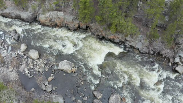 mountain river rapids - aerial view of the upper Poudre River above Poudre Falls, spring scenery