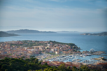 Panoramic spring cityscape of Palau port, Province of Olbia-Tempio, Italy, Europe. Aerial morning scene of Sardinia island.