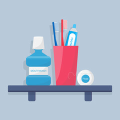 Oral and teeth care. Set of dental cleaning tools. Toothbrush, electric toothbrush, and toothpaste, mouthwash, dental floss isolated. Dental hygiene. Flat style vector illustration.