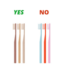 Bamboo toothbrush vs plastic toothbrushes. Zero waste and eco-living concept. Illustration of eco natural brush in flat minimalism style.