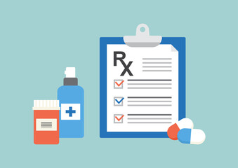 RX prescription form vector icon, medical paper document and insurance on blue background. Medicine illustration