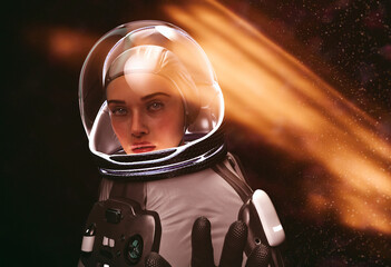 female astronaut with glass helmet and dramatic lighting- 3d rendering - obrazy, fototapety, plakaty