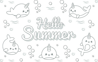 Hello Summer cute whale drawing under the water sketch for coloring