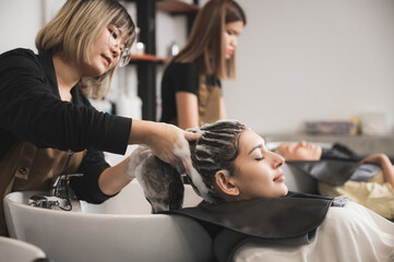 professional hairdresser working to water washing hair clean with woman client in beauty salon,...