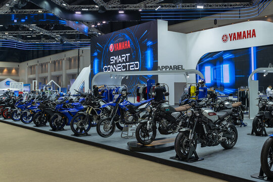 Beautiful exhibition booth of Yamaha Motorcycle on display in 42th Bangkok International Motor Show 2021 at IMPACT Exhibition and Convention Center.