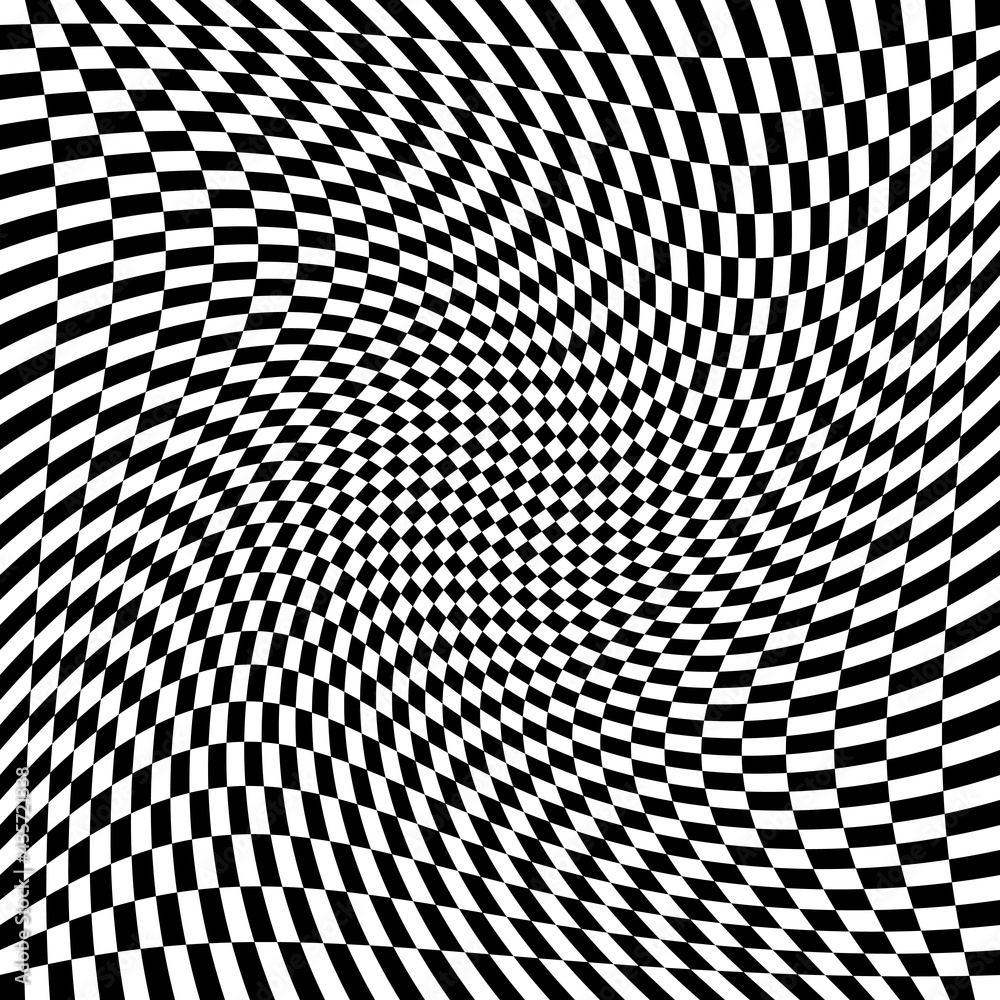 Poster Curl checkered squares pattern. Vector chess squares black and white. Chess board curly twisted and 
swirling ornament.