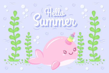 Hello Summer cute whale drawing under the water