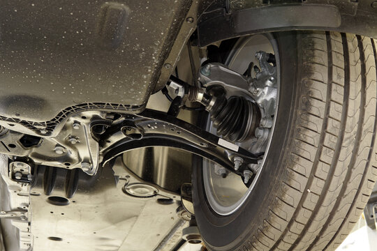 Elements and structure of the suspension of a modern car. Selected focus. Car service, repair, spare parts.