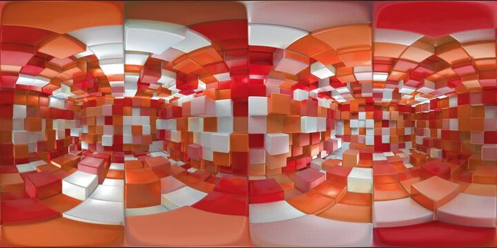 VR360 Abstract Orange, Red, White Cubes geometric Background. Cube pattern wall. 3D rendering. Projection Mapping element with moving cubic surface in virtual reality. 4k Seamless loop