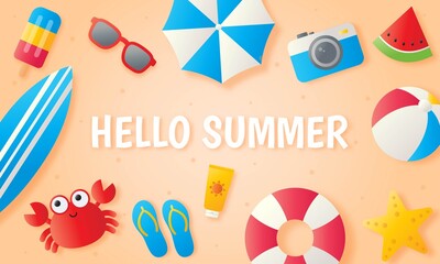 hello summer on sea background. paper art style. vector Illustration.