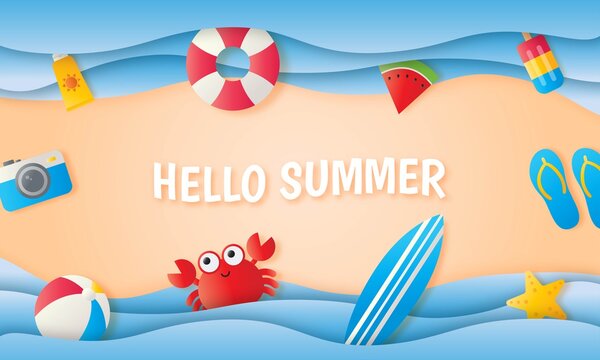 hello summer on sea background. paper art style. vector Illustration.