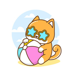 cute puppy with ball in the beach