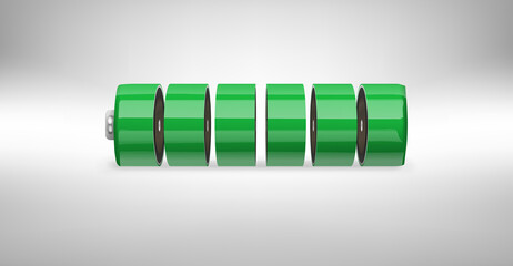 Realistic 3d colorful battery cut up on blocks, environmental alternative energy. charging status indicator, almost charged power supply, vector illustration