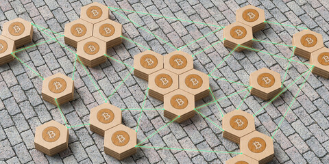 bitcoin network concept with interconnected hexagon with bitcoin logo on stone pavement background